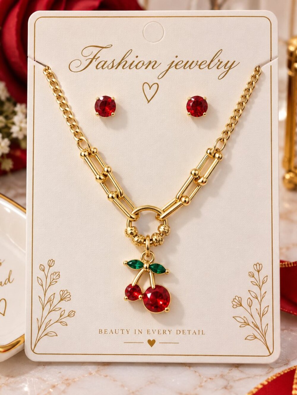 14K Laminated Jewelry Gold-Tone Cherry Accent Necklace with Red & Green Stones